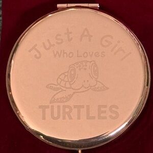 NWOT-Engraved Rose Gold Compact Pocket Mirror - “Just a girl who Loves Turtles”